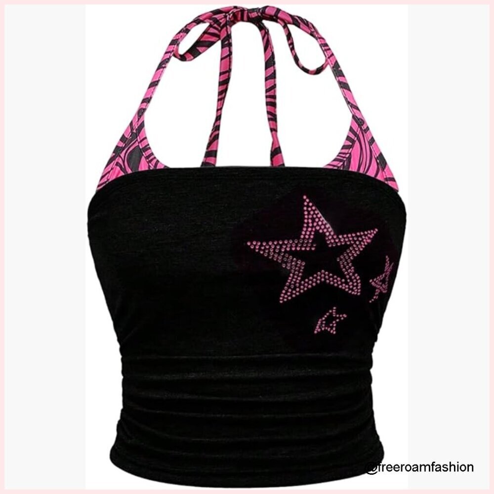 Plus Size Halter Tie Backless Rhinestone Star Crop Top Y2K